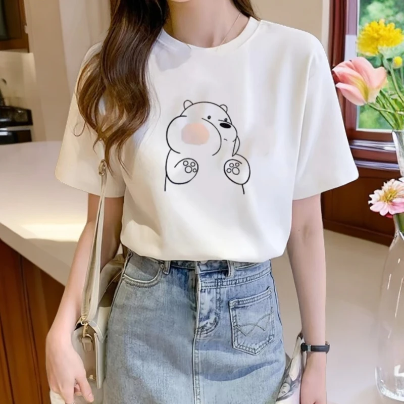 夏季白色上衣印花圆领减龄宽松遮肚显瘦打底衫短袖女t恤气质半袖.