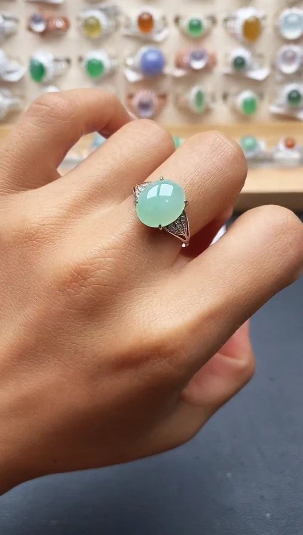 银S925镶嵌戒指翡翠缅甸天然A货翡翠1 1-1