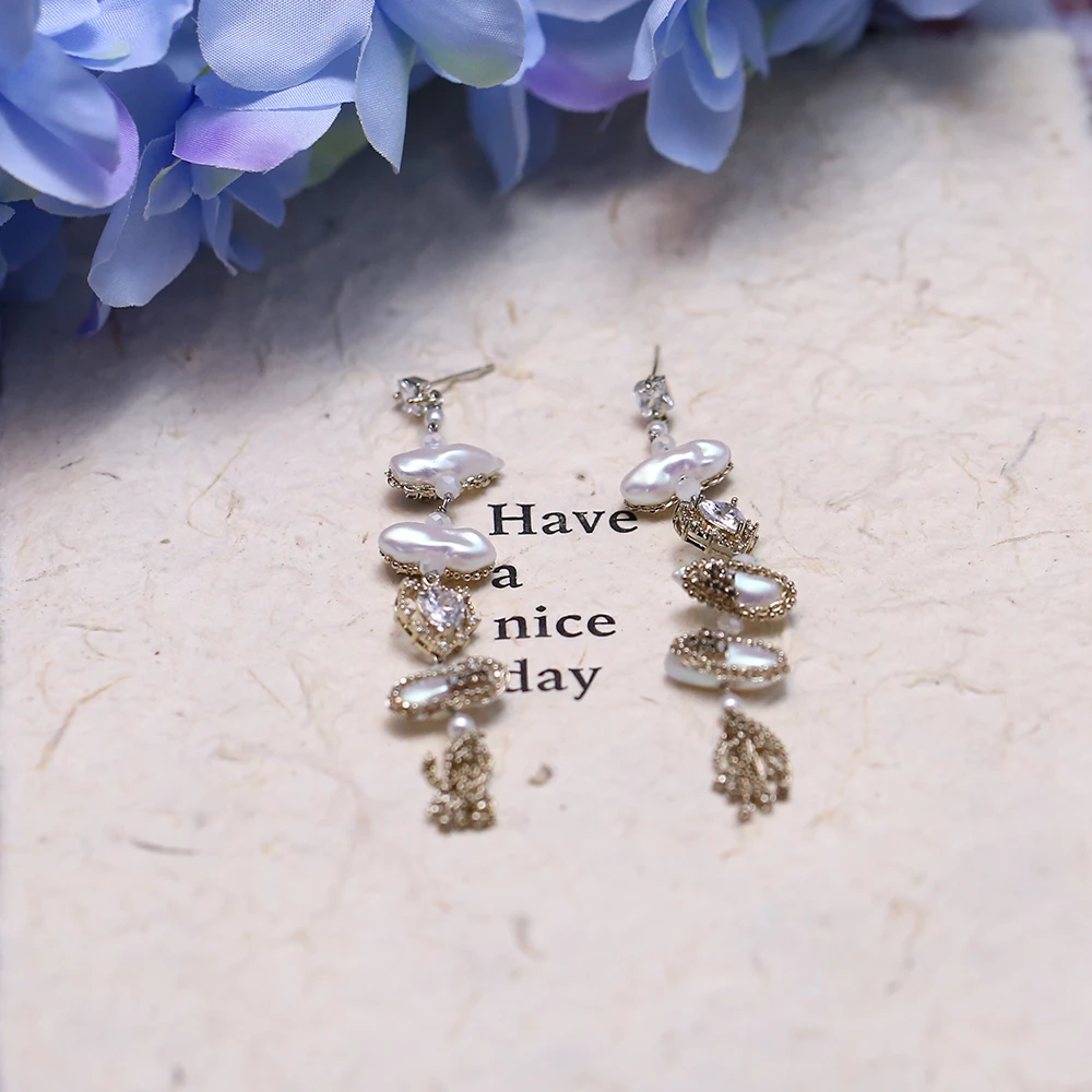 铜合金合成锆石耳饰 异形珠珠长精致设计耳环-8221