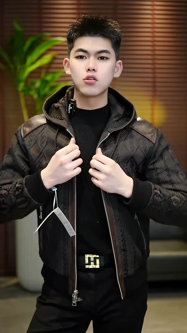 48码（100-125斤）男士真皮拼接鹅绒服3607（咖色）