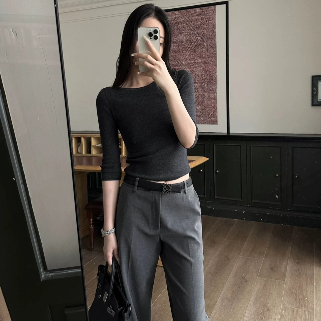 2025春季新款时尚打底T恤气质显瘦长袖圆领套头上衣洋气休闲百搭