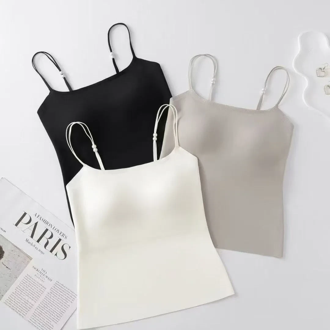 珍珠肩带无痕美背吊带内衣夏季薄款带胸垫一体式大码显瘦纯色背心