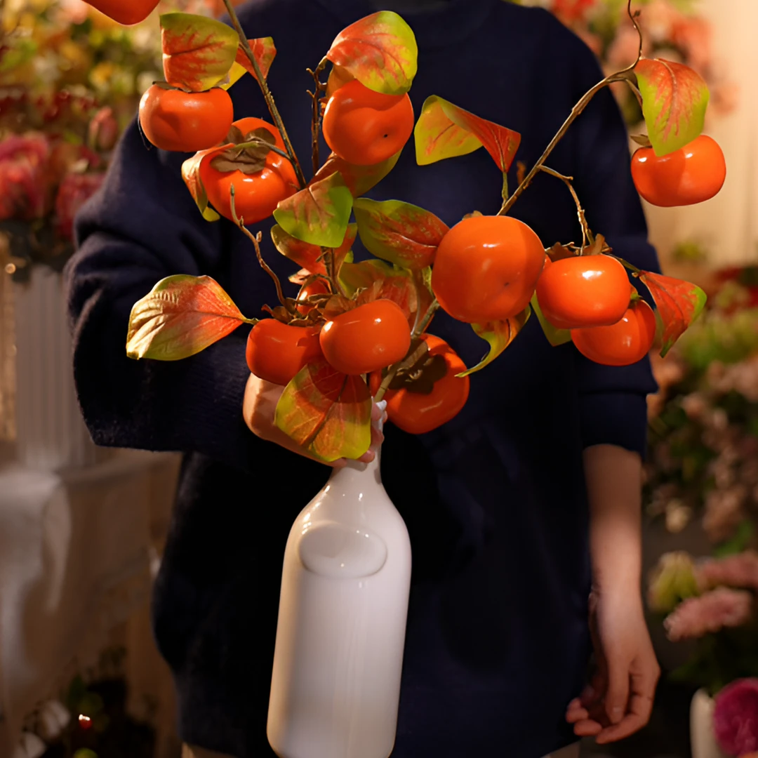 （好事成双）柿子 2支餐桌花 仿真花餐桌花 假花 柿柿如意仿真花