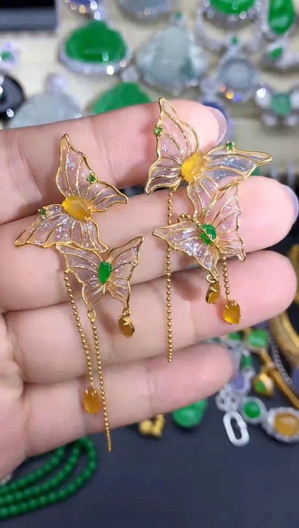 翡翠18K金镶嵌耳饰454--春日珠宝