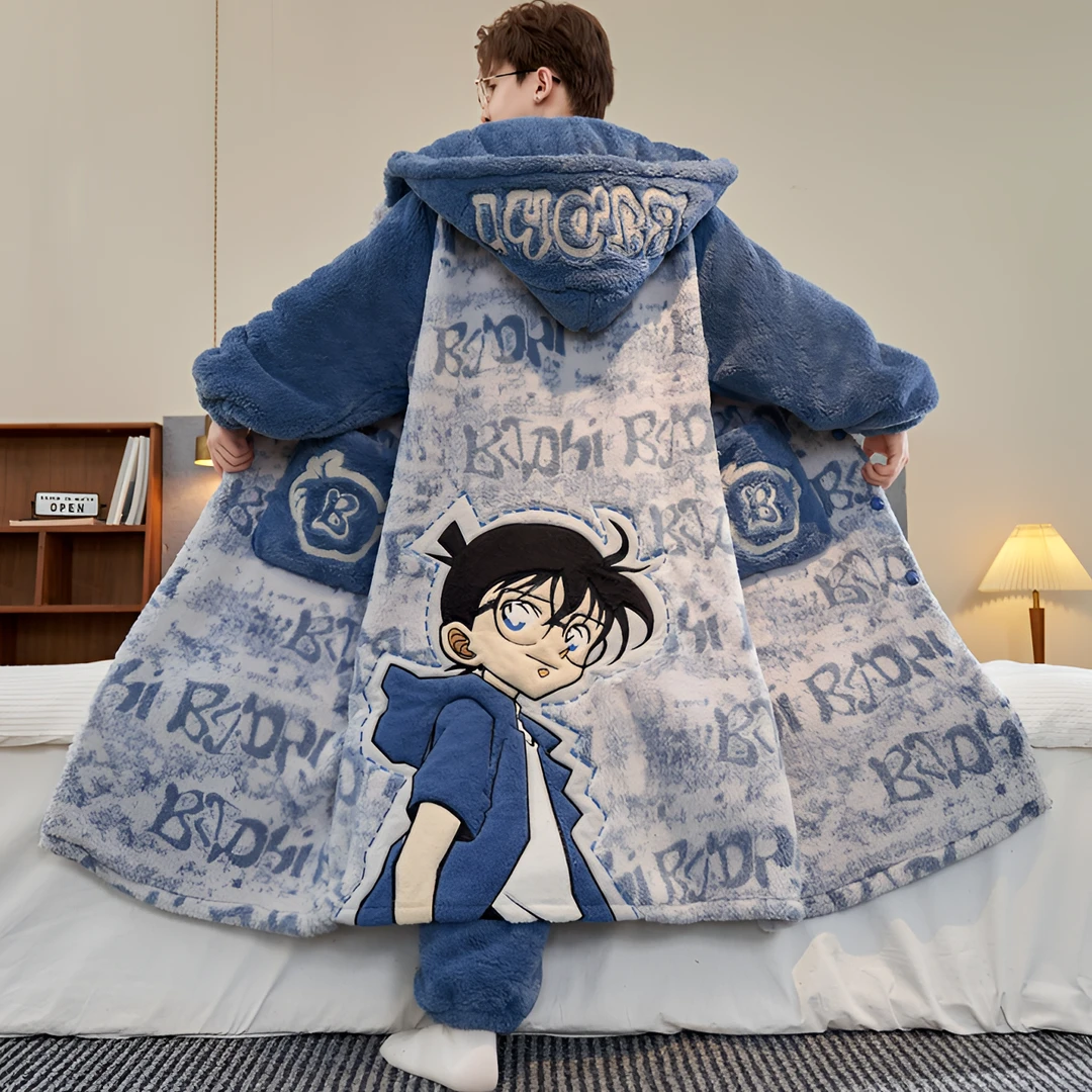 冬季男款睡衣珊瑚绒睡袍卡通加绒加厚法兰绒保暖大码男士长款浴袍