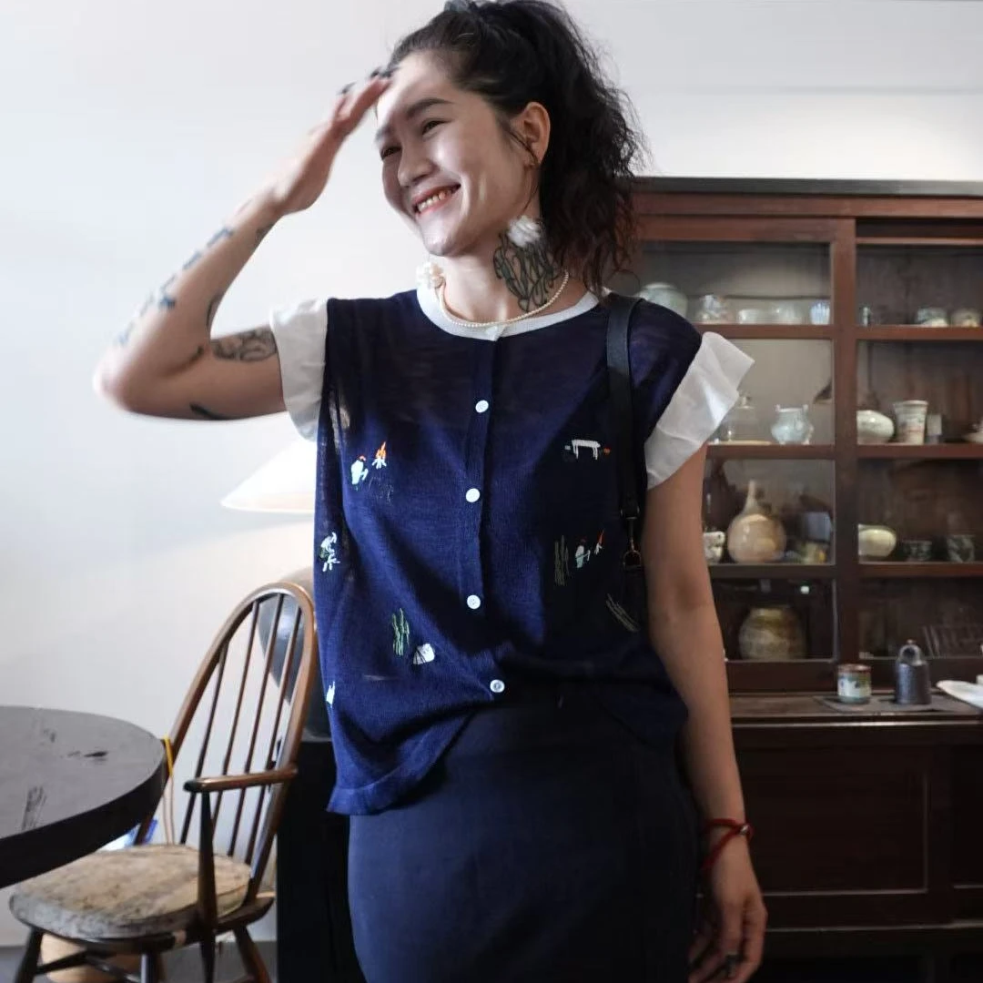 519花边袖针织马甲藏蓝色夏季复古无袖