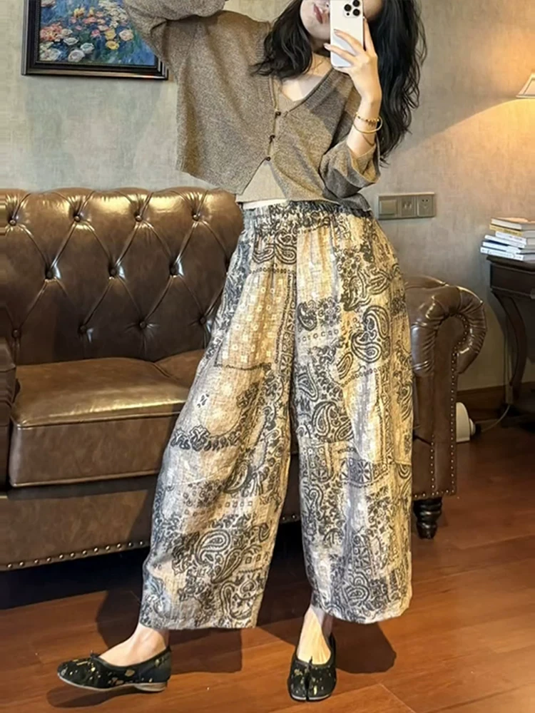 复古印花薄款宽松高腰阔腿弯刀裤休闲百搭长裤