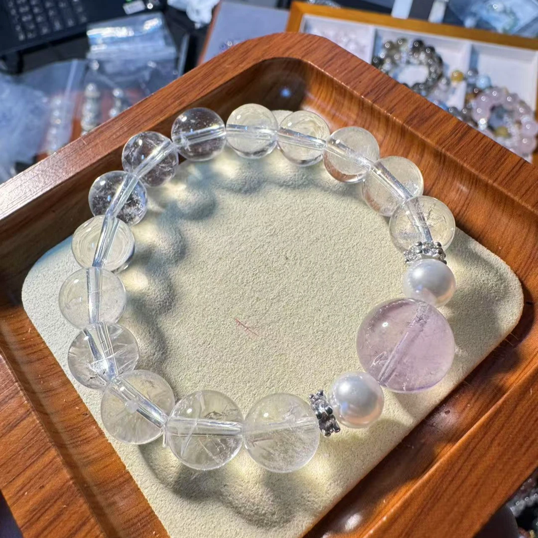 天然白水晶薰衣草粉晶手串 棠禧诺原创A18