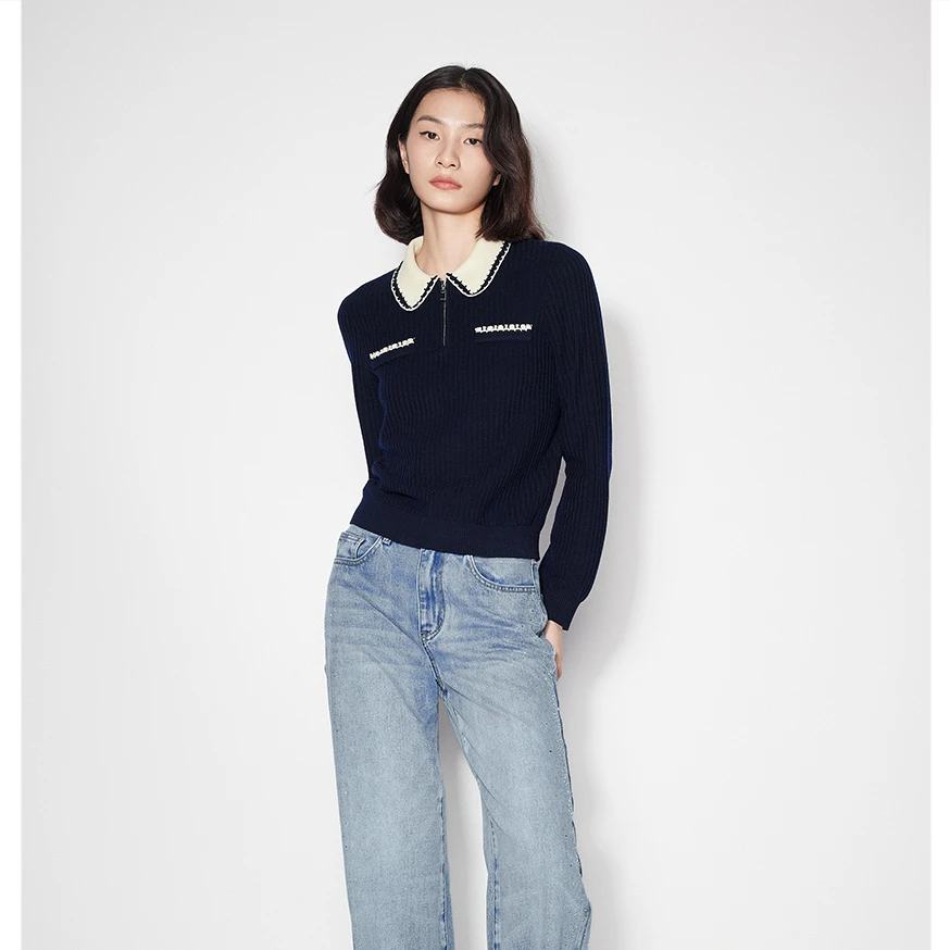 SALT.P可颜时尚百搭休闲假两件宽松撞色翻领毛针织衫AC35106420