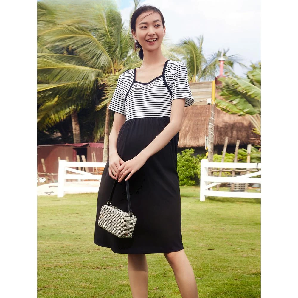 25夏薄款孕妇连衣裙条纹拼接短袖针织裙宽松大码时尚显瘦HH32216