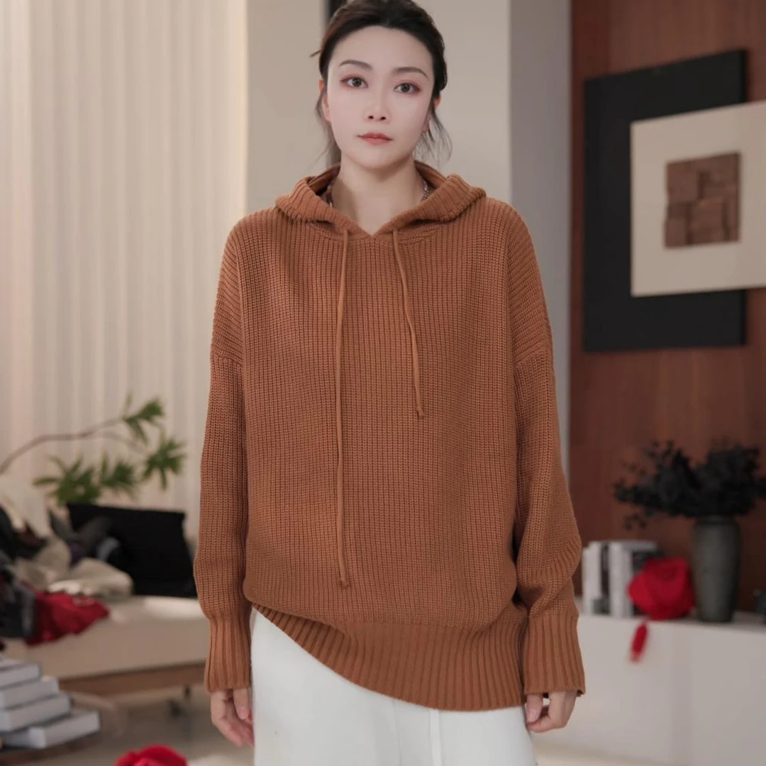 秋季拼色帽衫套头韩版设计感长袖针织毛衣