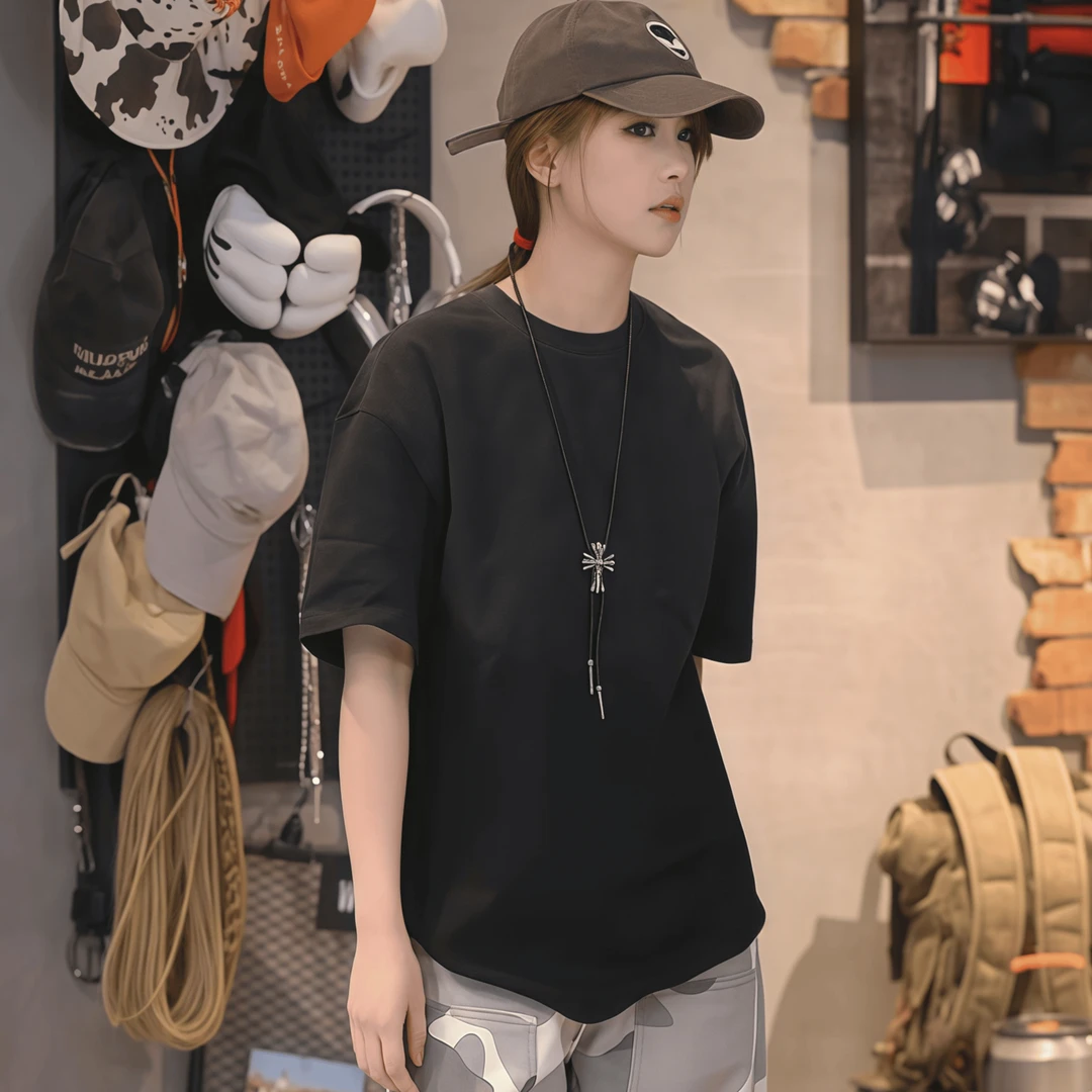 Lahamo/癞蛤蟆夏季纯棉口袋洗水黑色渐变情侣短袖T恤男女半袖圆领