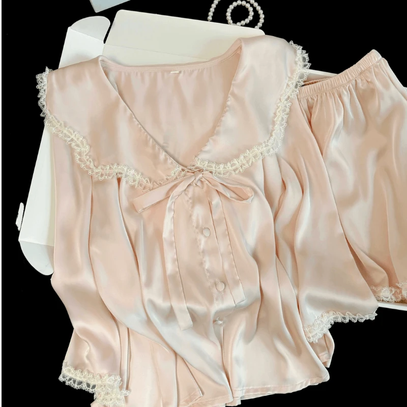 【法式温柔】冰丝睡衣女2025春秋蕾丝花边家居服开衫短裤亲肤套装