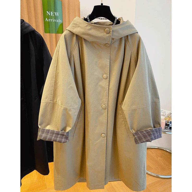 春秋设计感大版宽松休闲韩系美拉德连帽风衣外套女英伦风大衣潮