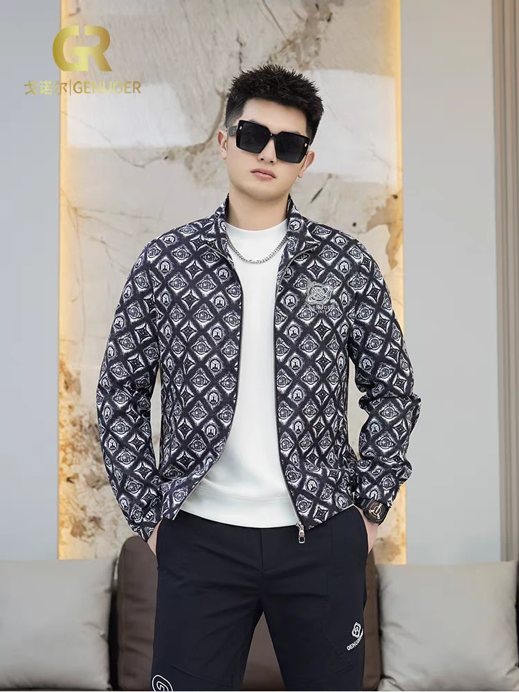 戈诺尔潮流花色立领男士夹克上衣2024春季外套男装拉链茄克衫百搭