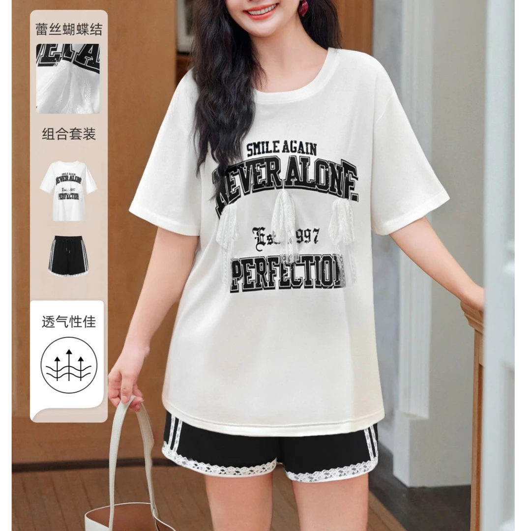 【凉感T恤蕾丝拼接短裤套装】MsShe大码女装秋装印花短袖K2506014