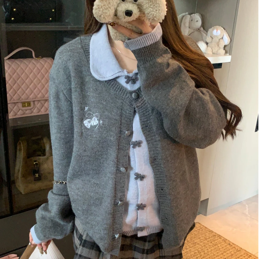 韩系爆款蝴蝶结扣蓝色假两件开衫毛衣女秋冬小众炸街高级感女装