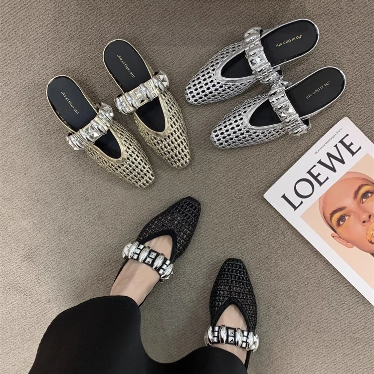专属夏季法式复古编织镂空透气休闲单鞋女内增高水钻带包头半拖鞋