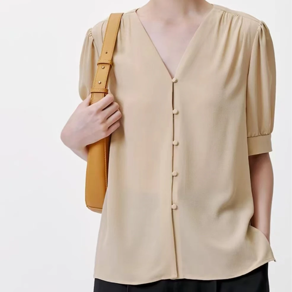 23姆米桑蚕丝真丝鬼绉3色V领短袖夏季女上衣衬衫