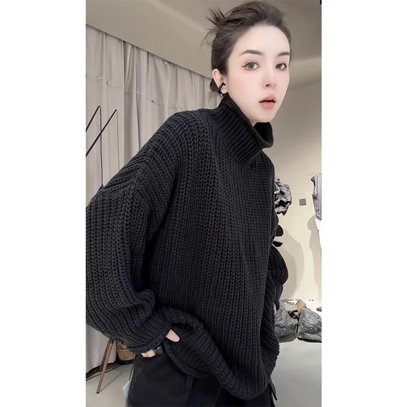 洋气百搭休闲宽松高领纯色毛衣潮2025秋季新款时尚中长款套头上衣