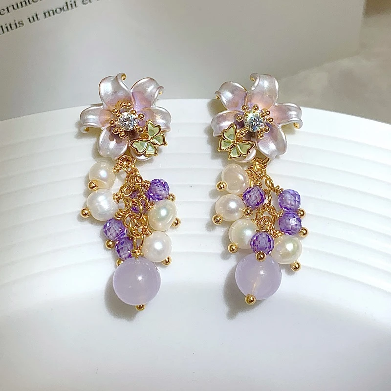 铜合金耳饰 花朵油画耳环少女风气质紫色拼色彩色耳饰
