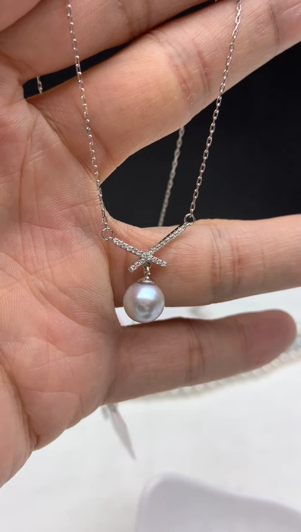 银S925镶嵌ff海水珍珠akoya灰珠吊坠（赠链）8~9mm