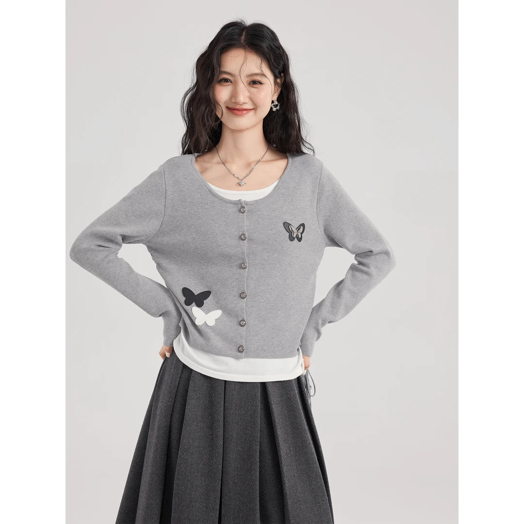 爱蔷薇大码假两件针织衫秋冬内搭打底衫女蝴蝶结系带上衣GT74700