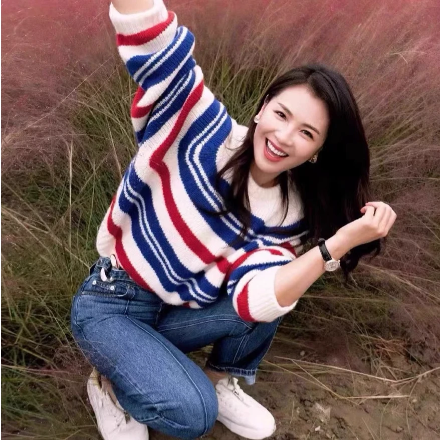 【海礁】2025春季新款条纹针织衫圆领毛衣