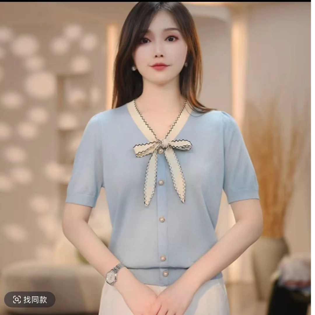 蝴蝶结】2 设计感小众V领法式夏季毛针织衫上衣短袖蝴蝶结女装