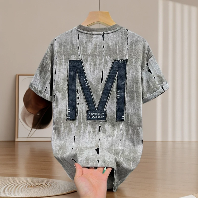 欧洲站男士高端字母烫钻破洞短袖t恤男潮牌2025新款夏季半袖上衣