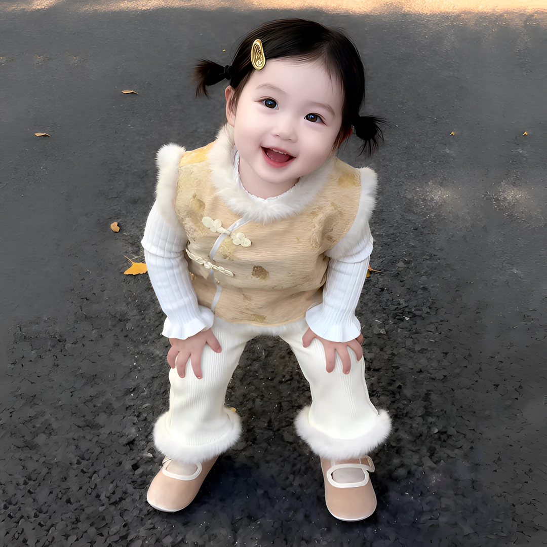 女童秋冬套装中国风夹棉马甲洋气阔腿裤女宝宝周岁礼服唐装拜年服