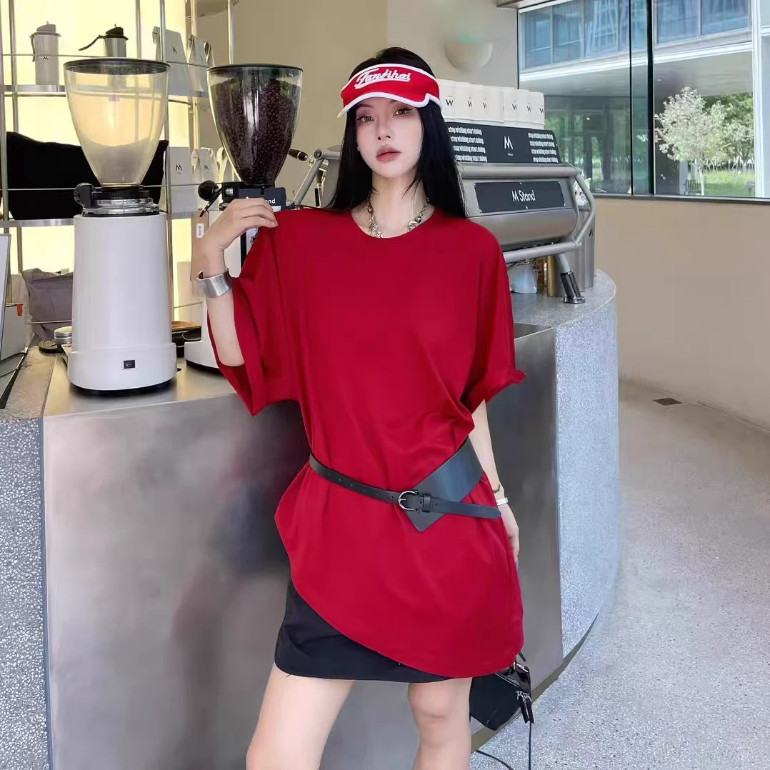 89750#女装潮牌夏季新款不规则下摆纯色宽松腰带大版显瘦短袖T恤