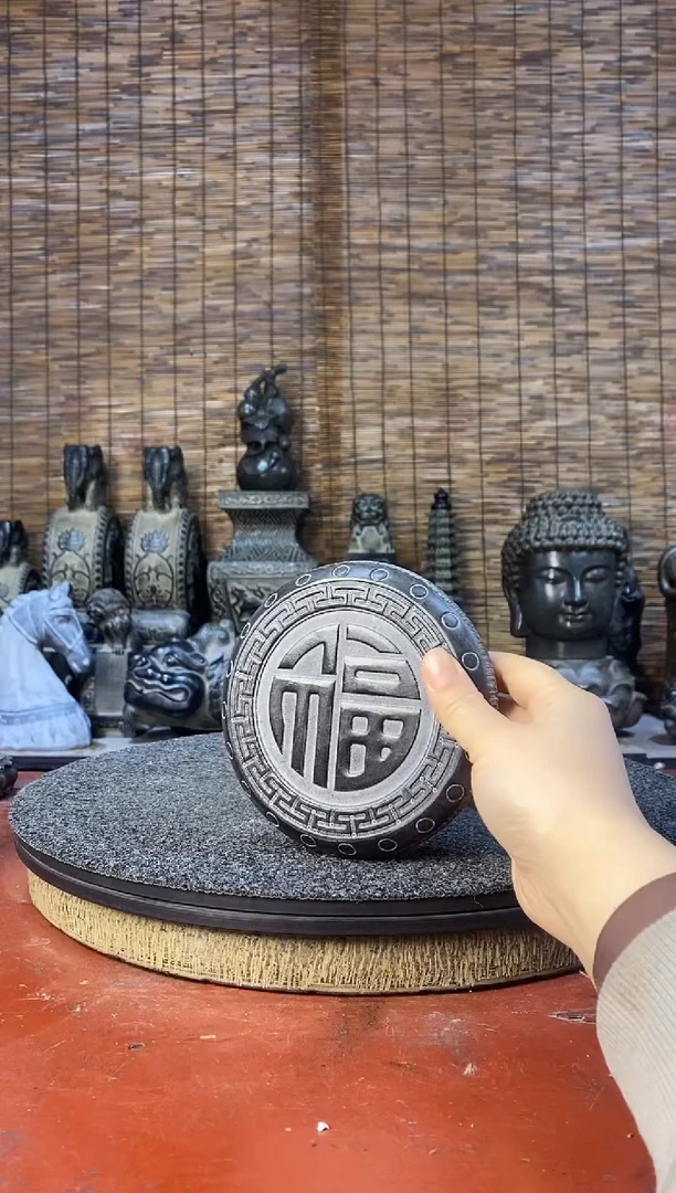 石材天然青石石雕福字鼓