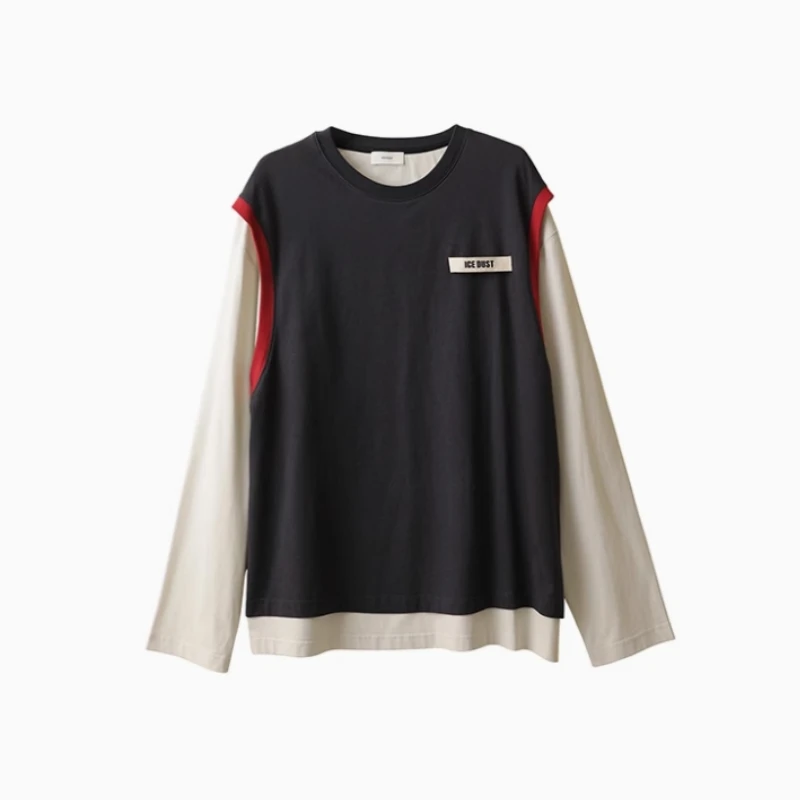 ICEDUST 设计师品牌25春夏新款撞色背心假两件长袖T恤女休闲百搭