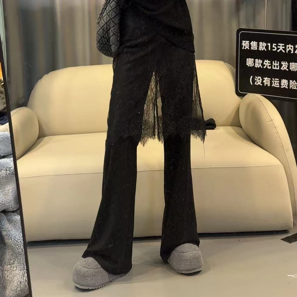 【文乐乐】春季新款个性拼接网纱时尚休闲潮流百搭喇叭裤16592-1