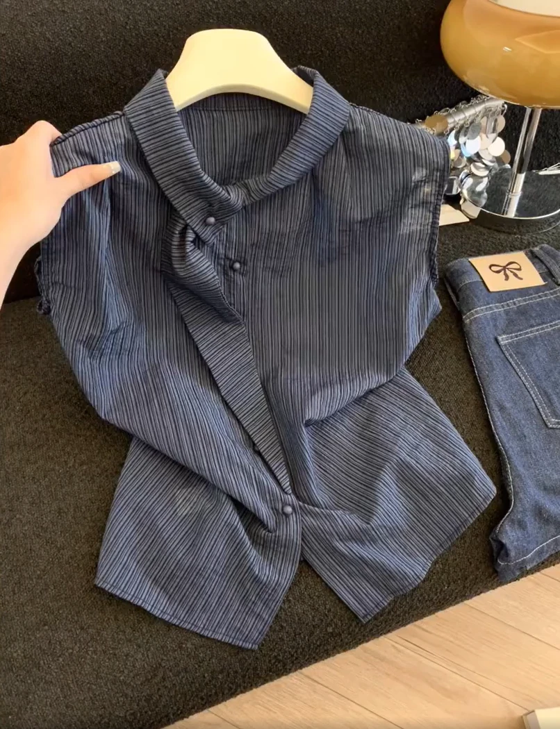 2025夏装新款法式条纹无袖衬衫女设计感休闲小众别致绝美上衣