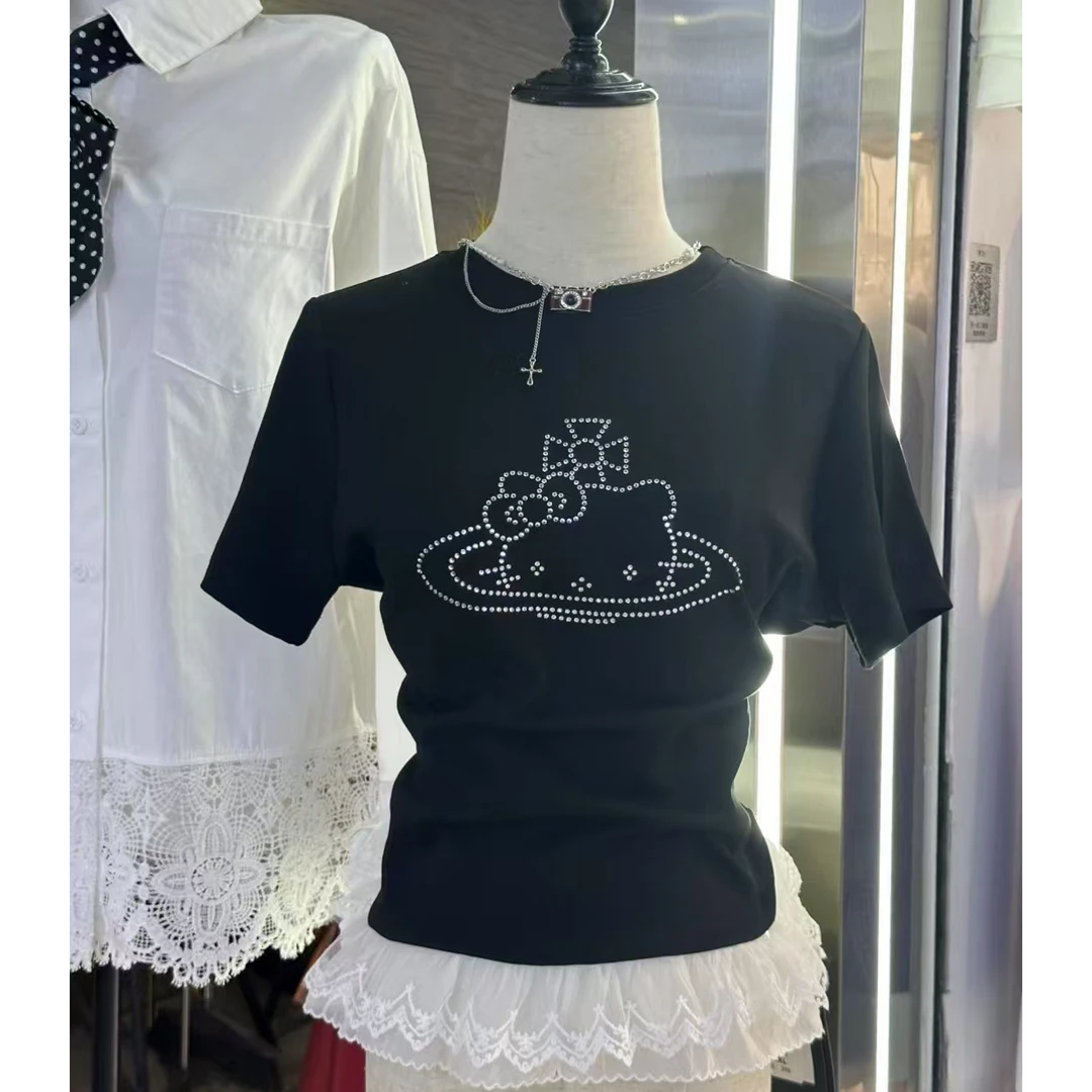 【瑶瑶专属】大码胖MM重工烫钻Kitty蕾丝拼接短袖T恤