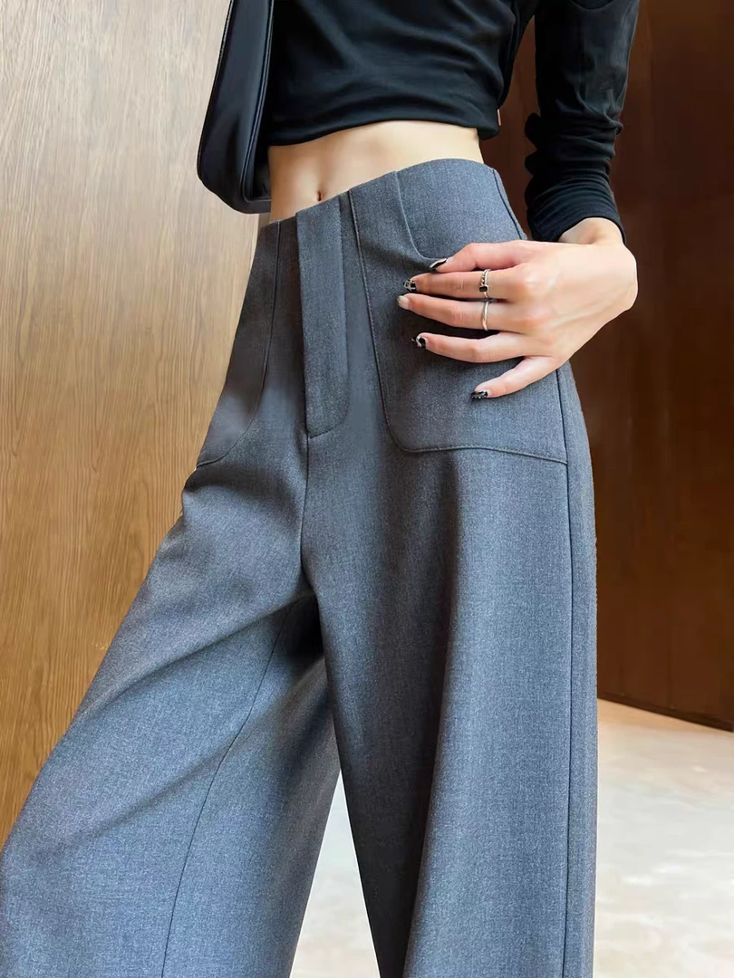 灰色西装裤女春秋2025新款高腰垂感显瘦休闲设计感直筒窄版西装裤