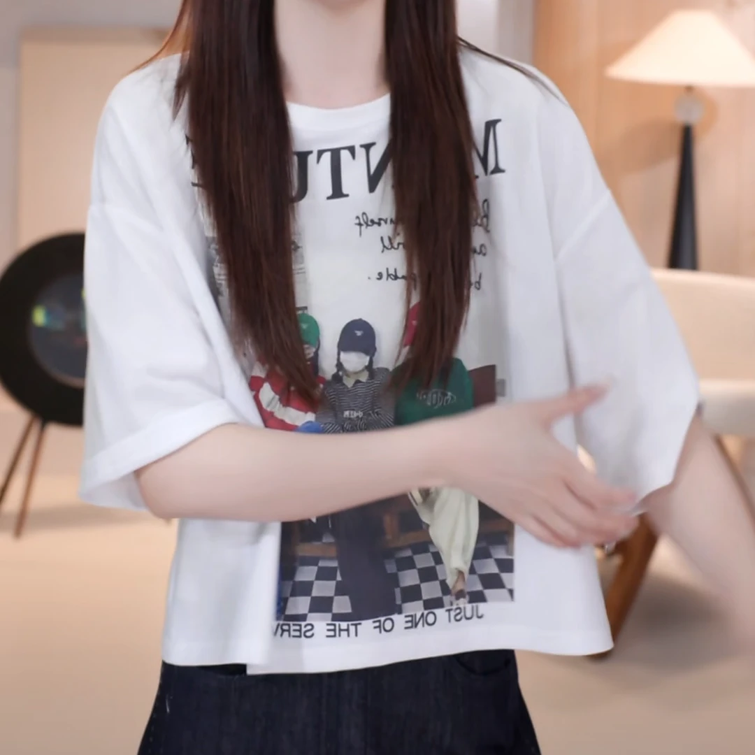 美式时髦宽松后背蕾丝人物印花字母2025年夏季新款短款短袖T恤女