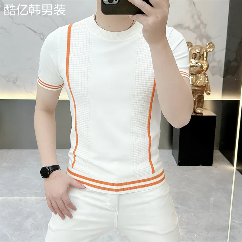 2026早春针织短袖男T恤条纹欧货时尚修身百搭春夏半袖上衣潮1167