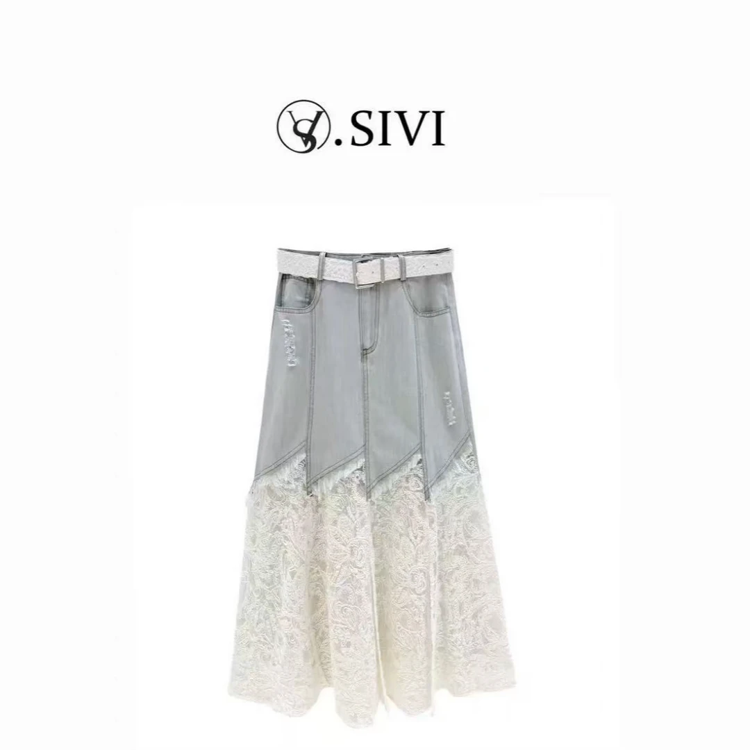 熙薇【牛仔拼接】2025春季新款休闲气质牛仔半身裙H1989