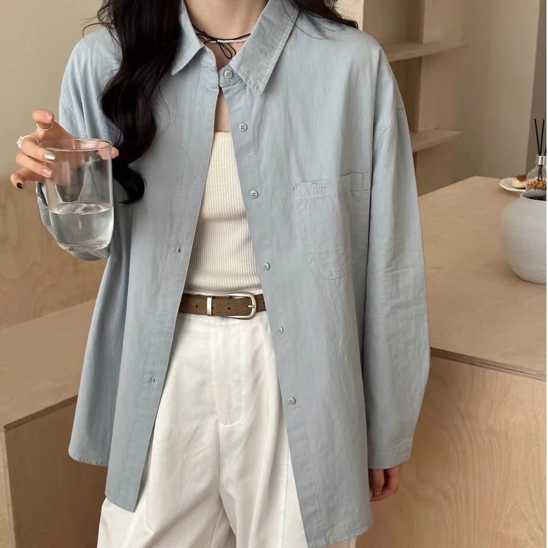 【静姐家】9509口袋刺绣字母设计女感百搭宽松女衬衫