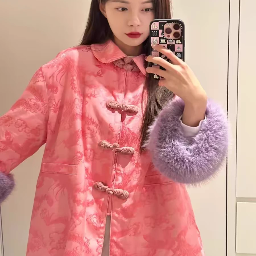 秋冬新款沈梦辰同款唐装粉色宽松盘扣上衣新中式中国风棉衣外套女