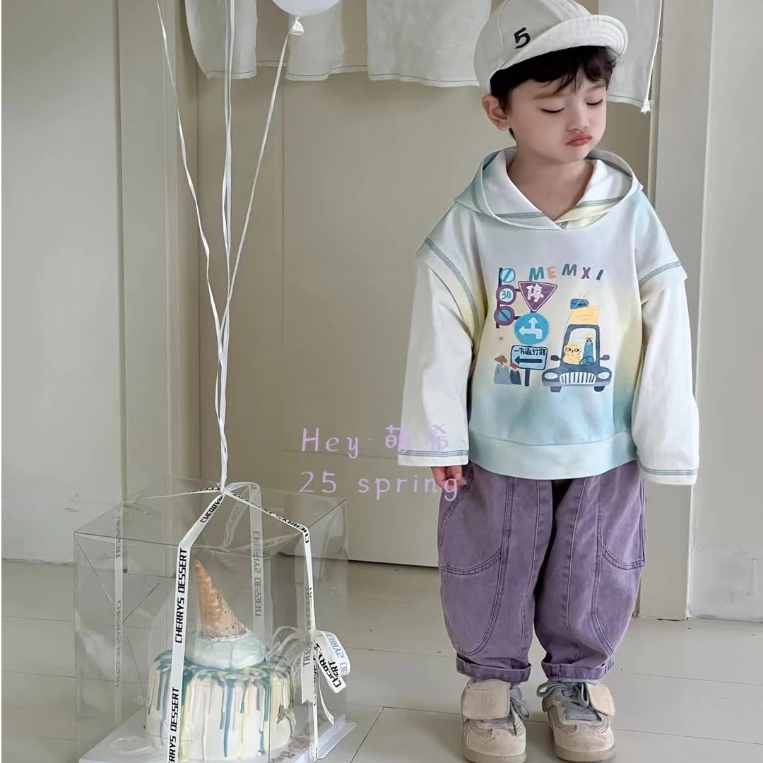 【萌希M273】2025年春款男童水印卡通连帽卫衣