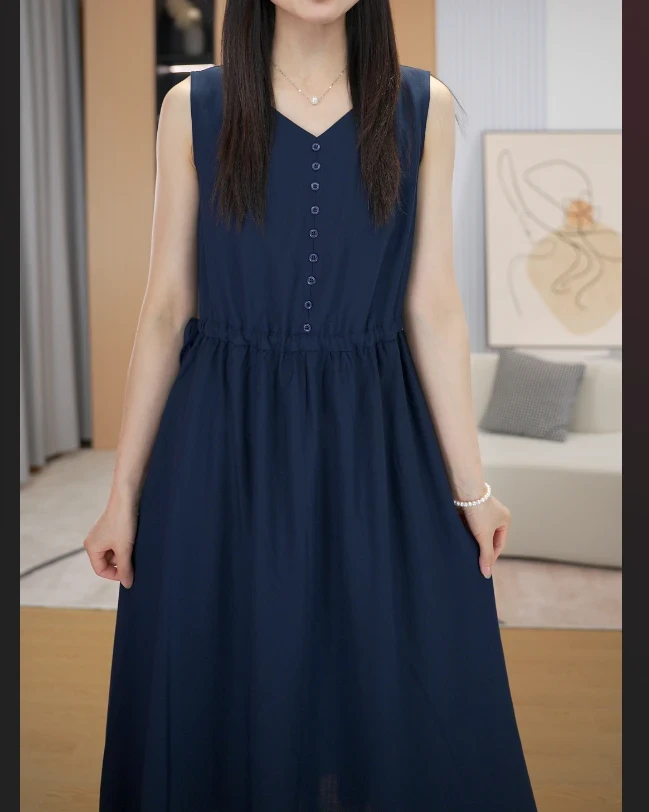 夏季新款V领夏季休闲百搭显瘦长款无袖背心裙7736大码女装