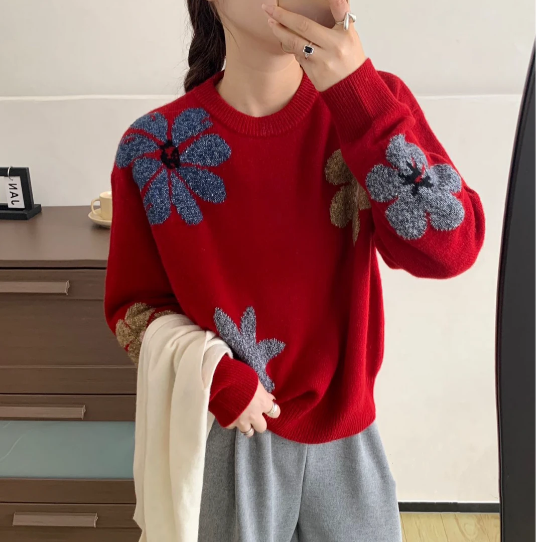 全羊毛圆领套头针织毛衣上衣新款刺绣提花亮丝花朵女冬款加厚宽松