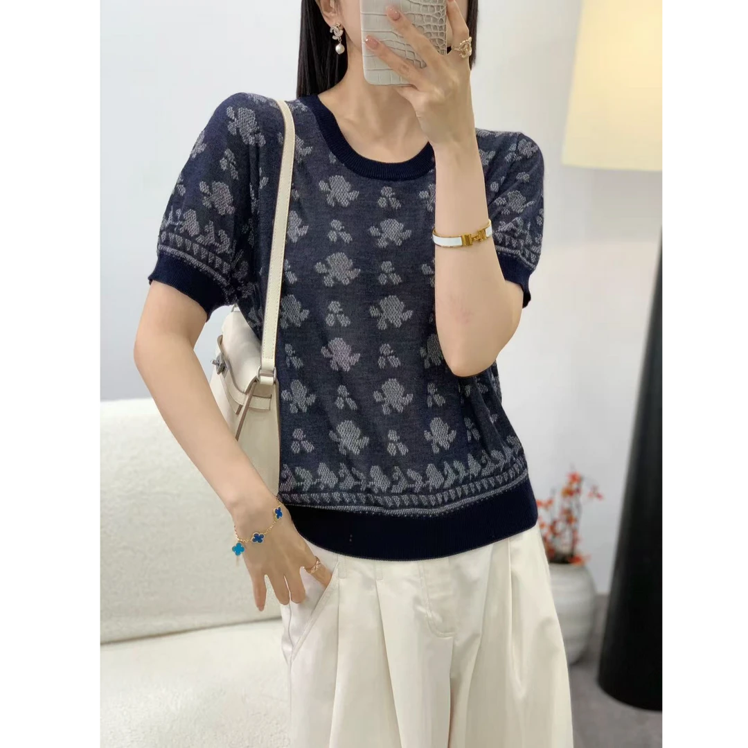 B991【线下同款】100%莱赛尔纤维~高定！夏季小怪兽提花圆领女针织衫