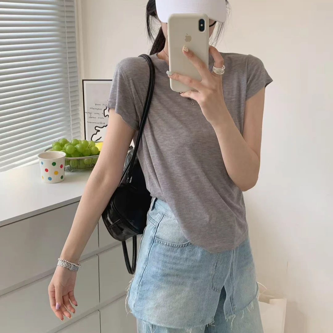 夏莱赛尔天丝针织绵羊毛贴身亲肤圆领短袖打底基础款T恤女A-1166