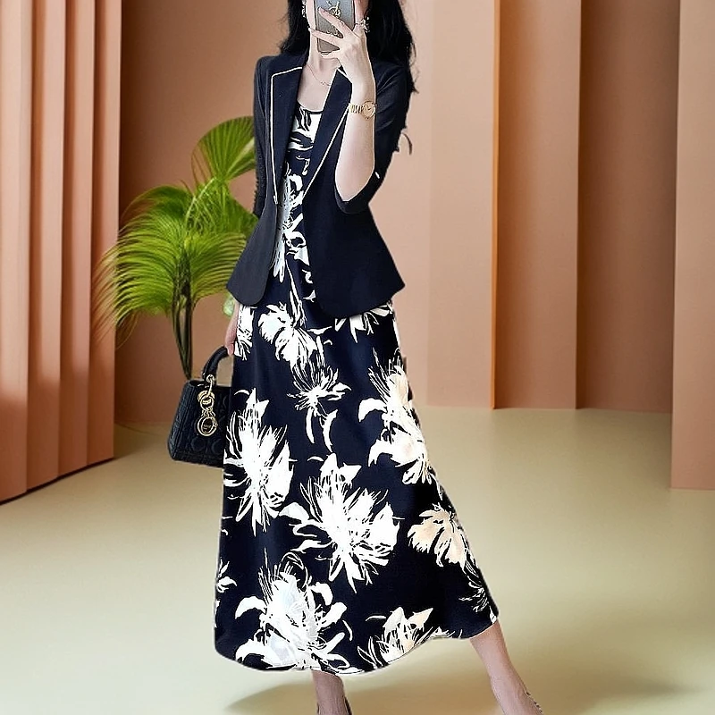 西装外套女士黑色中袖镶边小西服碎花裙高级感职场工服裙夏季薄款