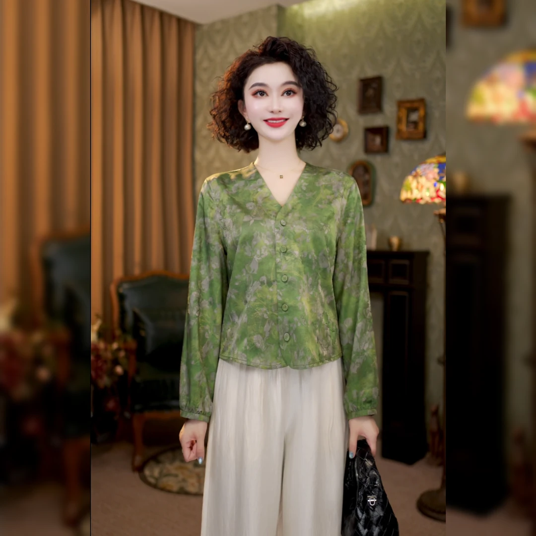 【双面穿】新中式复古风时尚气质2025新款印花V领长袖上衣LYGSY1910